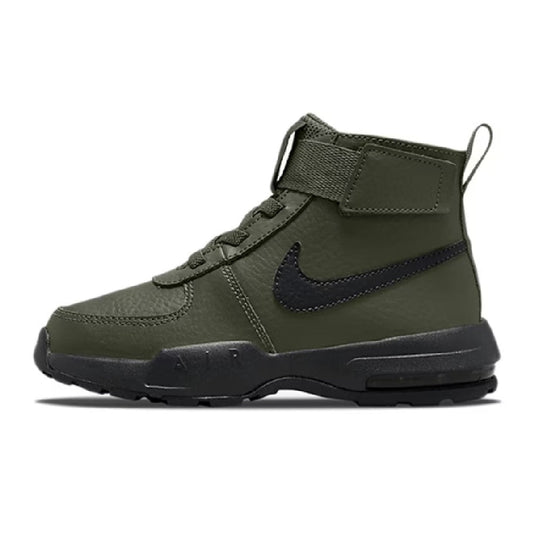 Kids high-top sneakers in olive green with navy swoosh and hook-and-loop strap