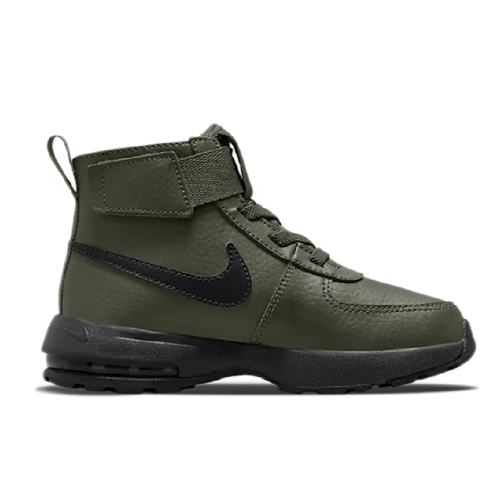 Kids mid-top sneakers with olive upper, navy swoosh, and adjustable strap