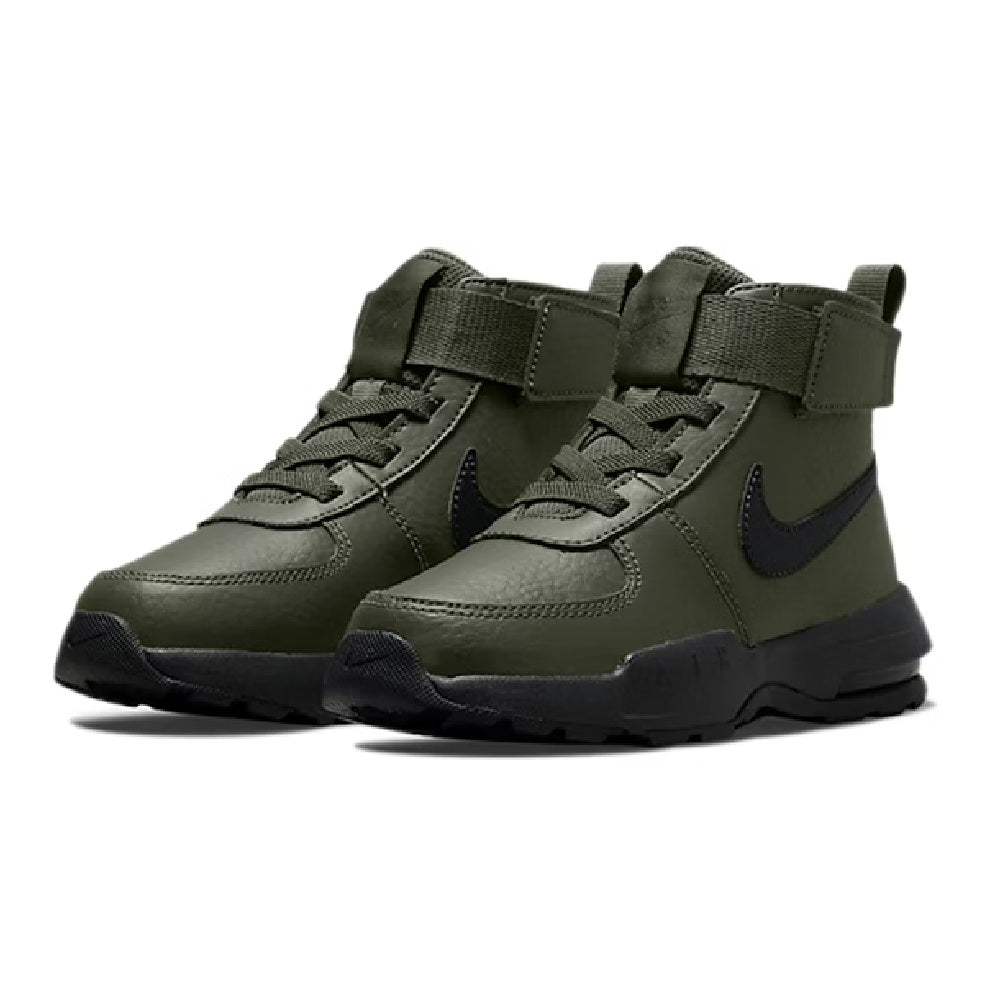 Pair of kids high-top sneakers with olive uppers, navy accents, and cushioned sole