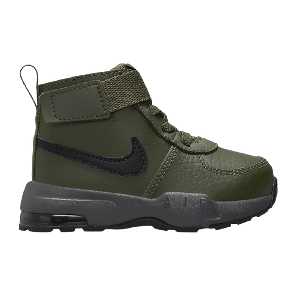 Olive toddler high-top sneakers with Velcro strap, lace-up front, and navy swoosh