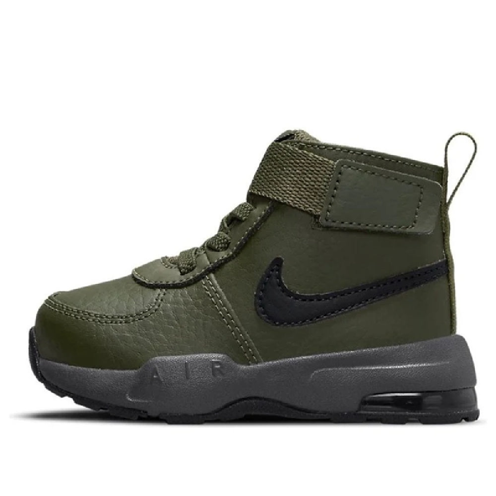Olive toddler high-top sneakers with side swoosh, ankle strap, and cushioned sole