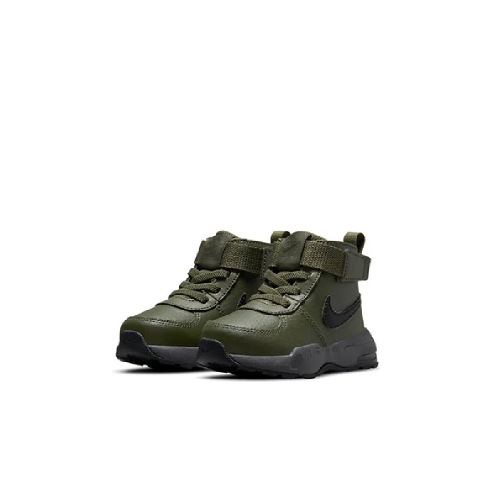 Pair of olive toddler high-top sneakers with hook-and-loop straps and lace-up front