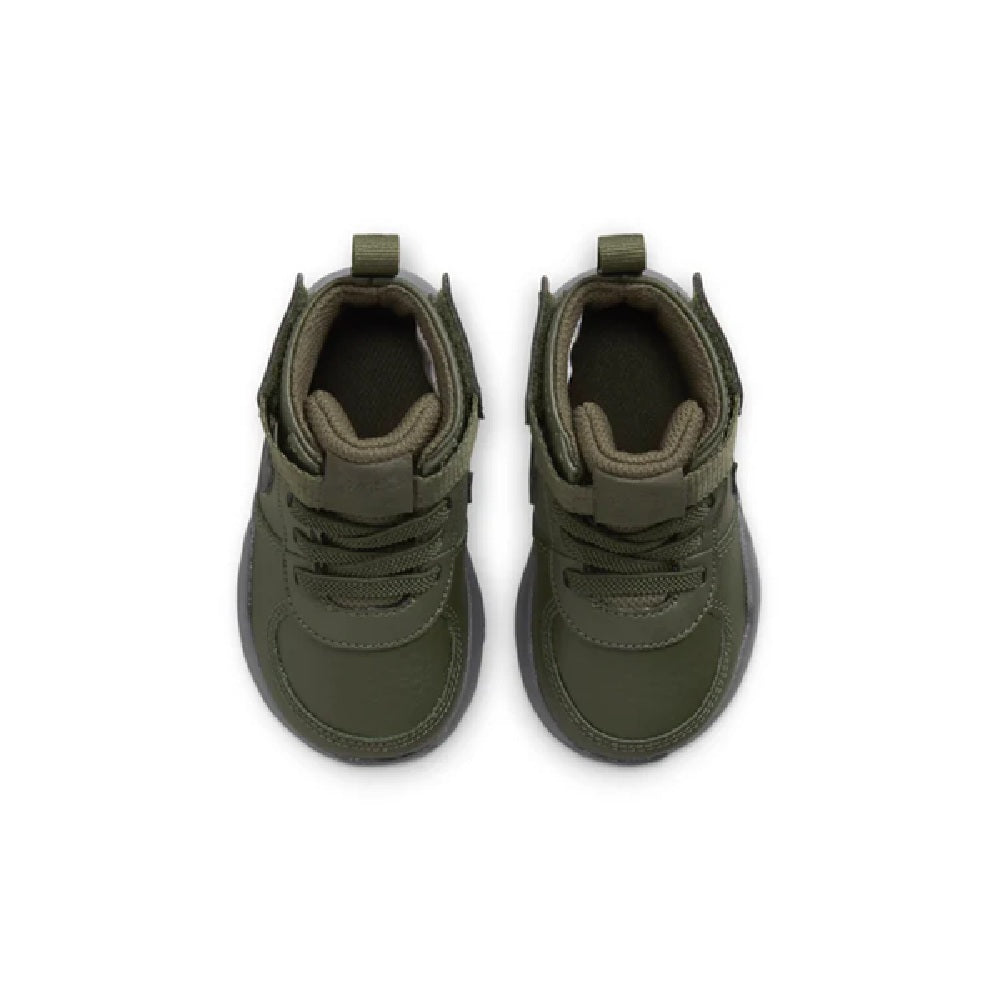 Olive toddler sneakers inside view with padded collar and hook-and-loop ankle strap