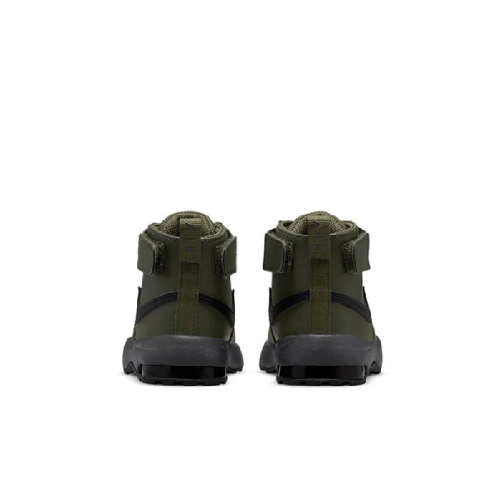 Olive toddler high-top sneakers rear view with heel tabs and cushioned outsole