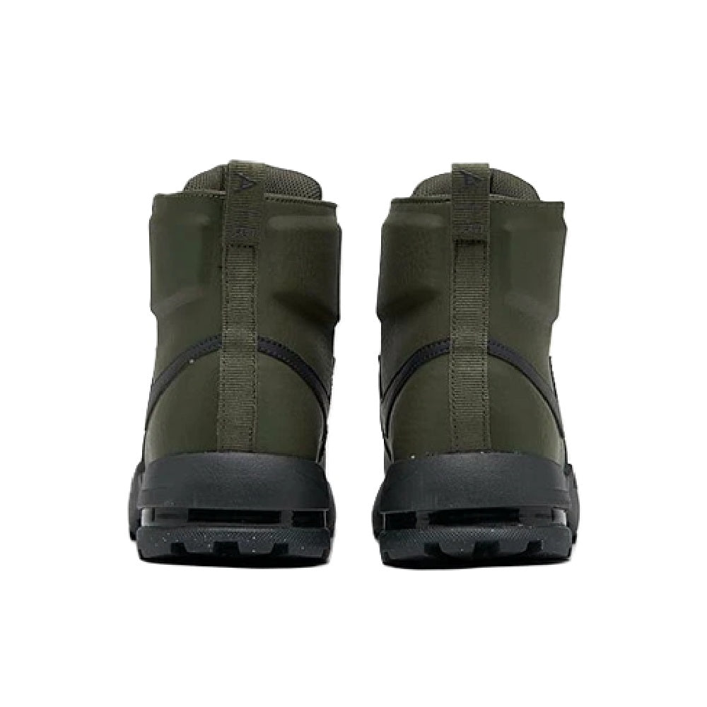 Back view of olive green mid-top boots with heel tabs and black outsole