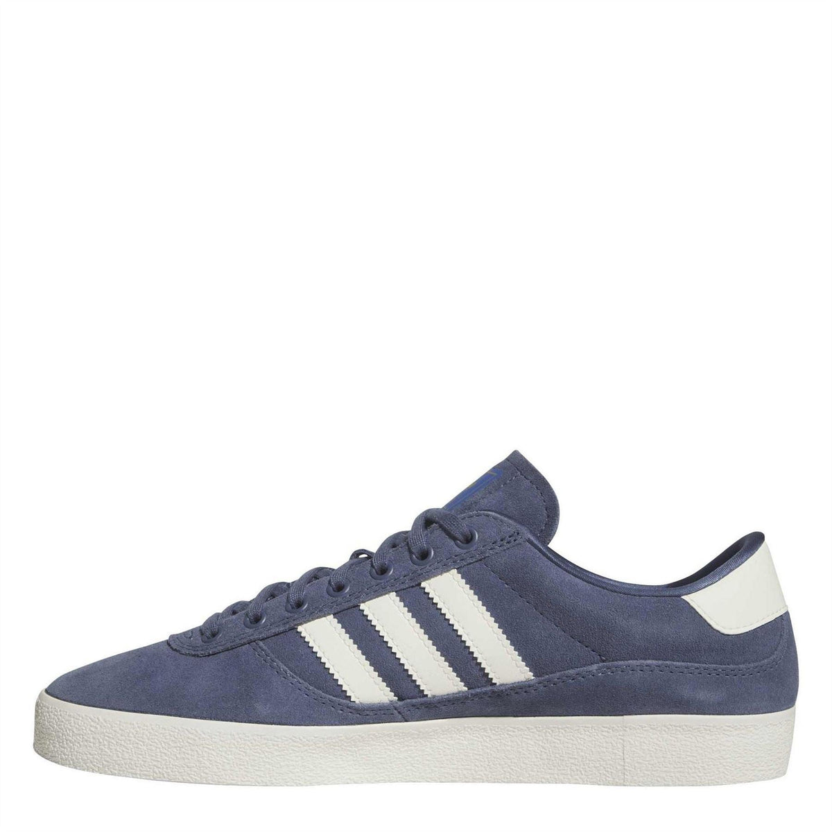 Navy suede indoor trainers with lace-up closure and three white side stripes