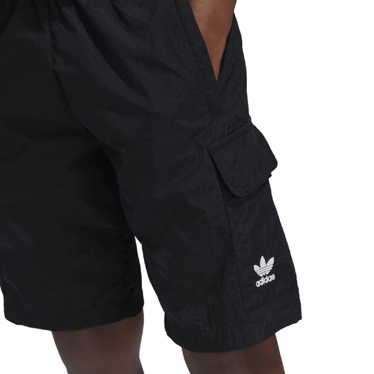 Adidas Originals juniors cargo shorts in navy blue with multiple pockets, designed for kids aged 8-16 years.