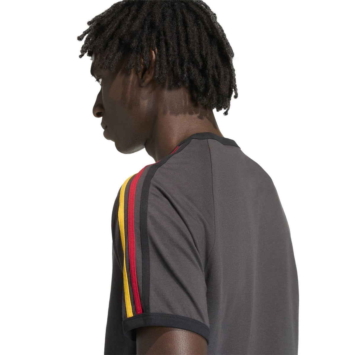 adidas Originals men's black T-shirt with red and yellow side stripes on shoulder seam