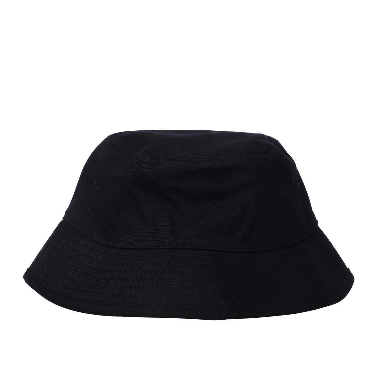 Black bucket hat with curved crown and stitched brim