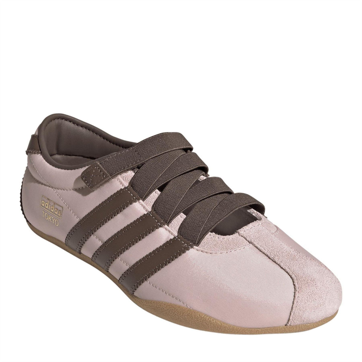 Women's adidas Tokyo sneakers with sandy pink suede-look panels, dark brown straps, tan sole