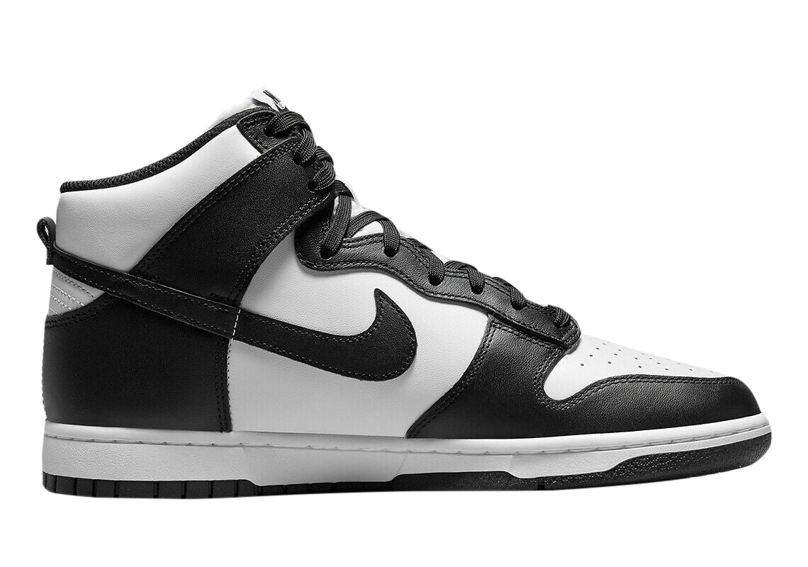 Nike Dunk high-top sneaker, white and black leather panels with lace closure.
