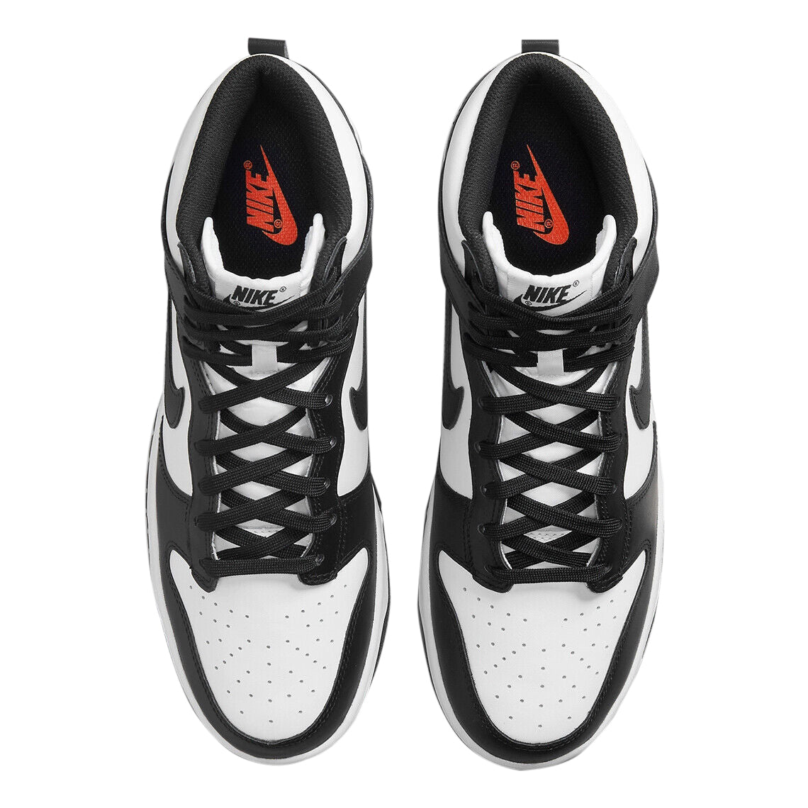 Nike Dunk high-top sneakers showing black tongues and white toe panels.