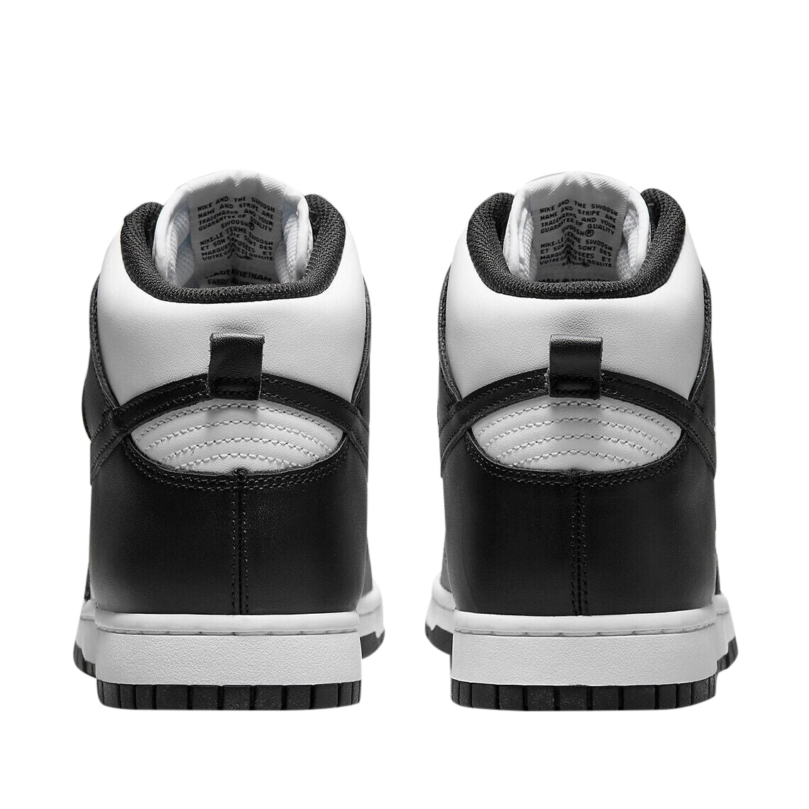 Nike Dunk high-top sneaker heels in white and black with striped outsole.