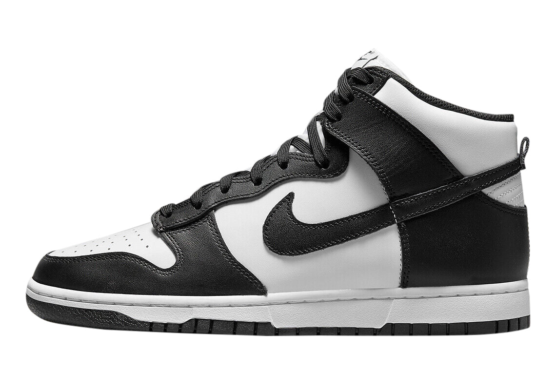 High-top Nike Dunk sneaker in white and black, lace-up with padded collar.