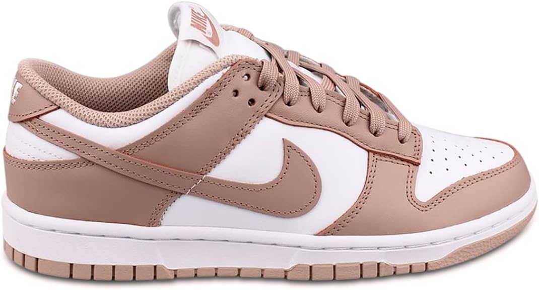 Women's Nike Dunk Low low-top sneakers, white and rose with tan overlays and laces