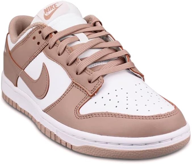 Women's Nike Dunk Low sneakers with white panels, tan leather and rose lace-up