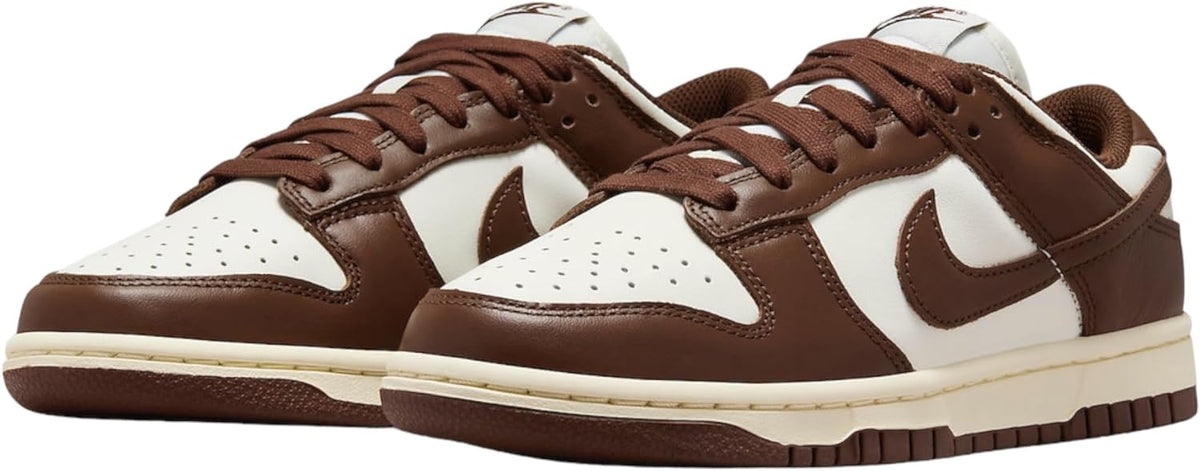 Women’s Nike Dunk Low sneakers, white leather panels with cocoa brown overlays and lace-up.