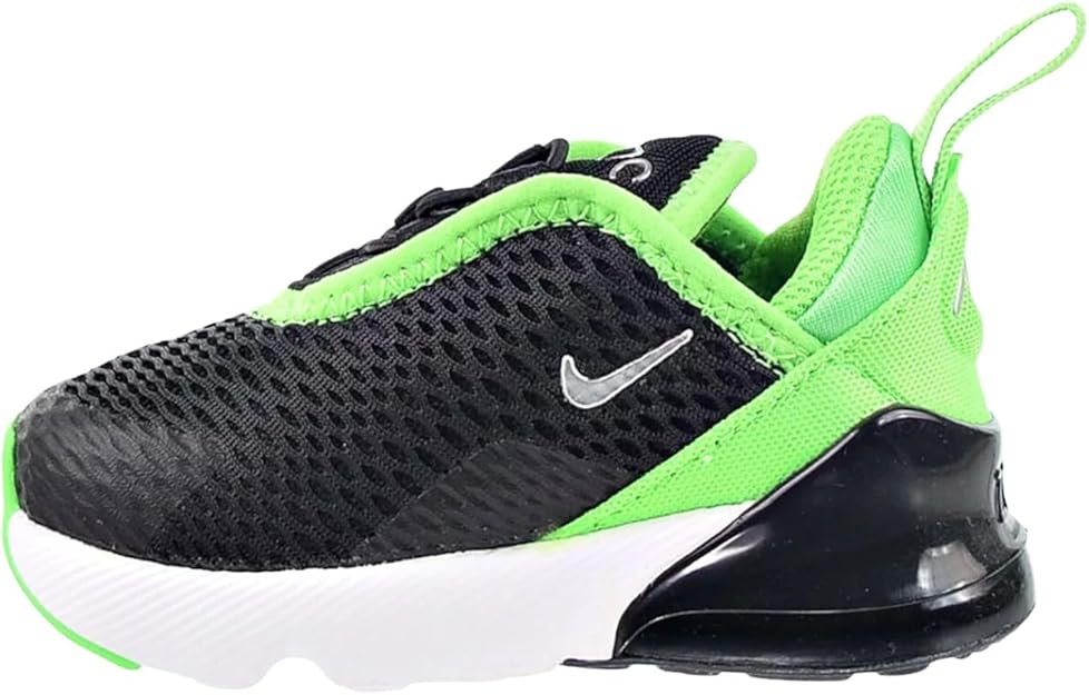 Toddler Nike Air Max 270 sneakers, black knit upper with neon green panels and swoosh