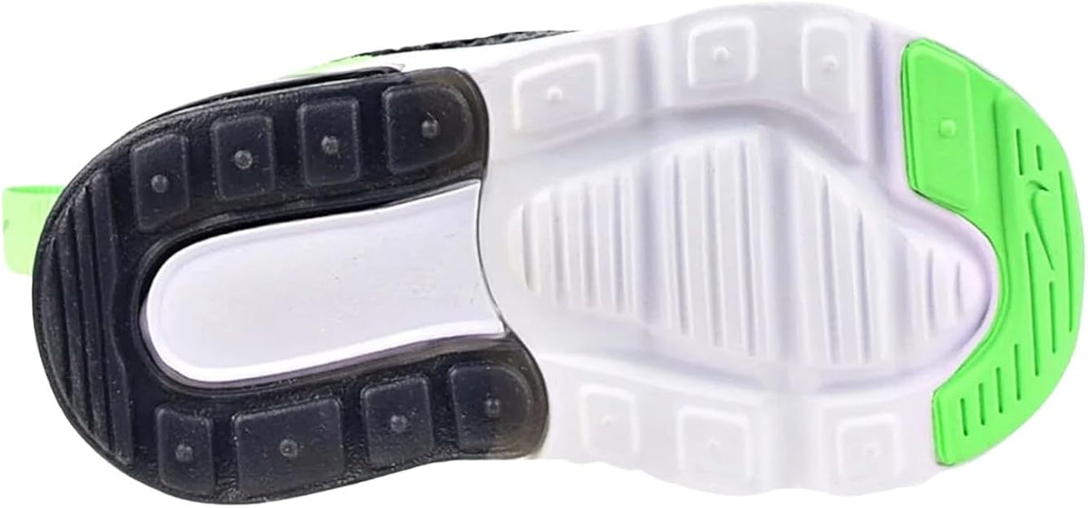 Toddler Nike Air Max 270 outsole, white tread with black base and neon green heel