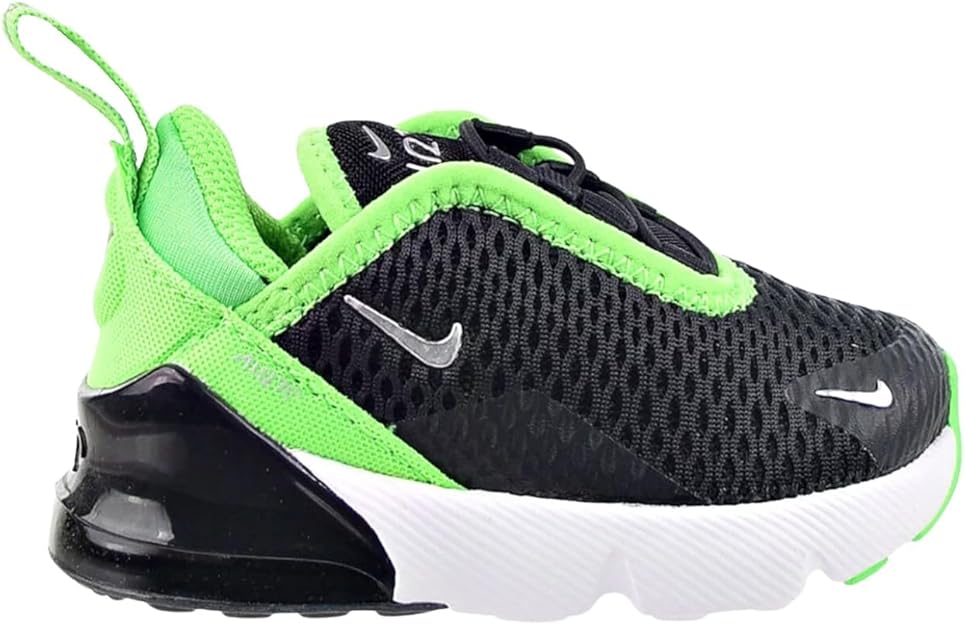 Toddler Nike Air Max 270 sneakers, black with neon green accents, visible air unit
