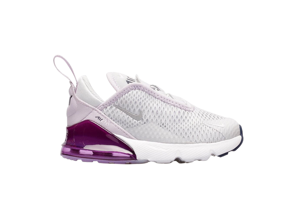 Kids' Nike Air Max 270 sneaker, light gray mesh with purple heel and air sole