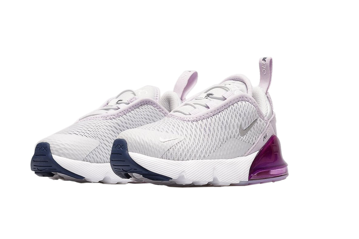 Kids' Nike Air Max 270 sneaker pair, light gray knit with purple side air unit