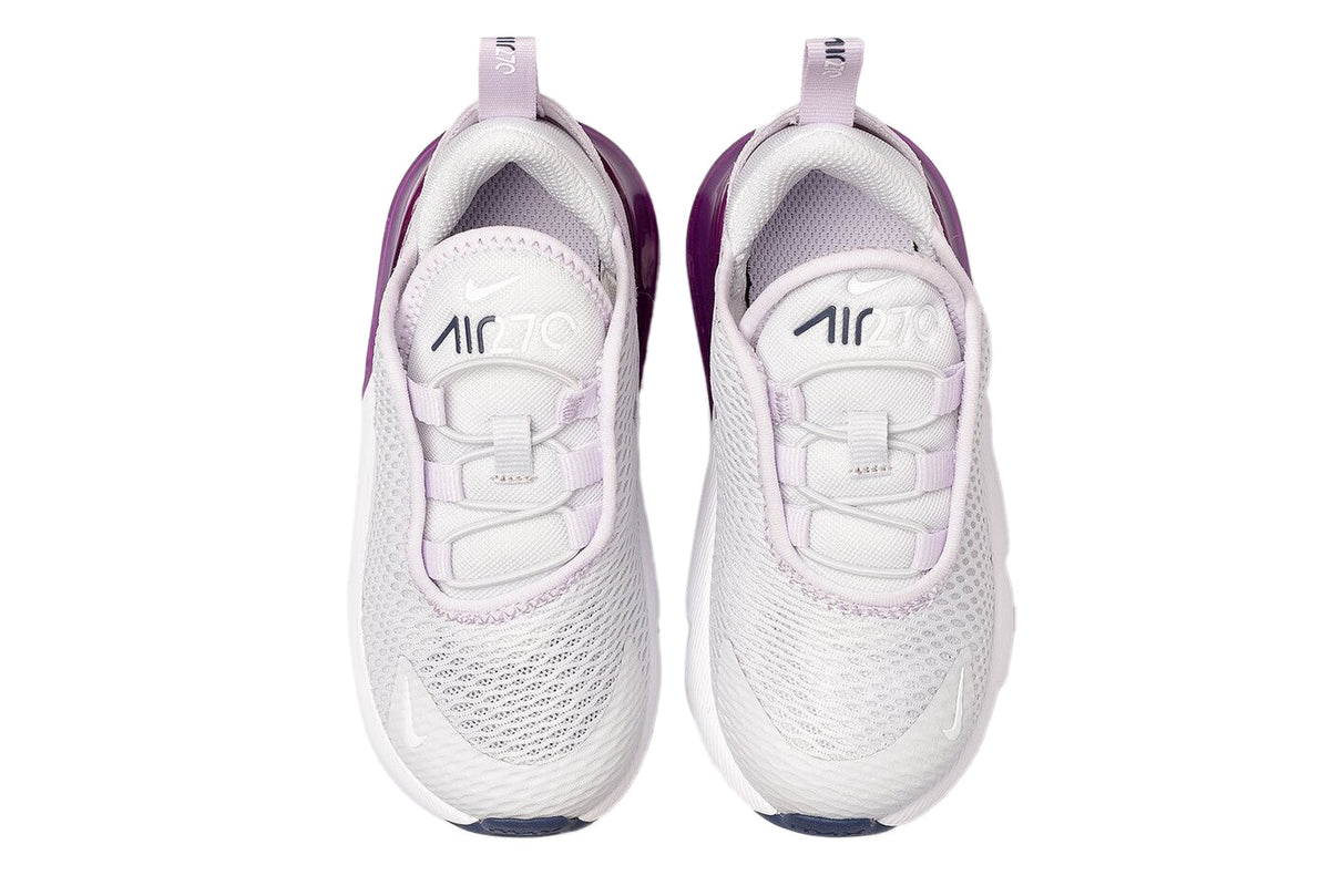 Kids' Nike Air Max 270 sneaker, white mesh with lilac laces and AIR branding