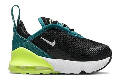 Toddler's Nike Air Max 270 sneakers, black upper with teal overlays and lime midsole