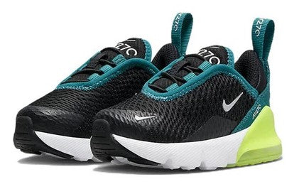 Toddler's Nike Air Max 270 sneakers, black and teal design with lime sole