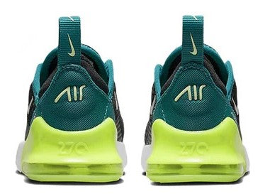 Toddler's Nike Air Max 270 sneakers, teal heel with lime sole and Air logo