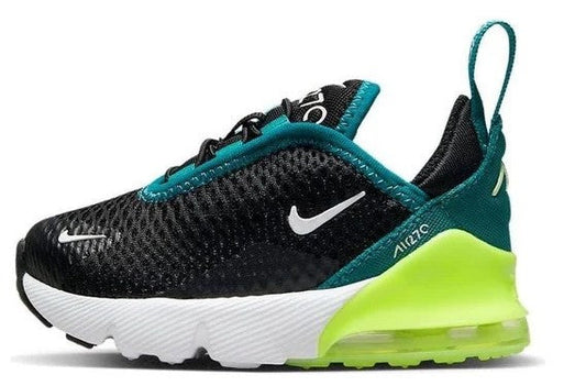 Toddler's Nike Air Max 270 sneakers, black mesh with turquoise accents and white sole