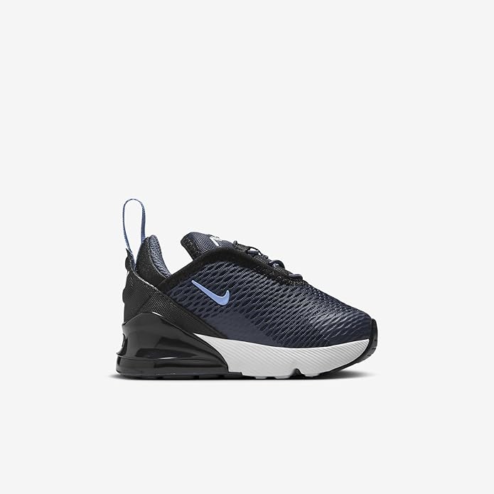 Kids Nike Air Max 270 side profile sneaker, lace-up mesh with swoosh and black sole