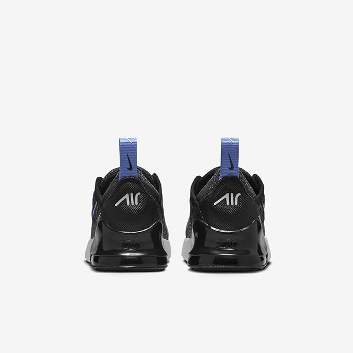 Kids Nike Air Max 270 heel view, black outsole with Air branding and pull tab
