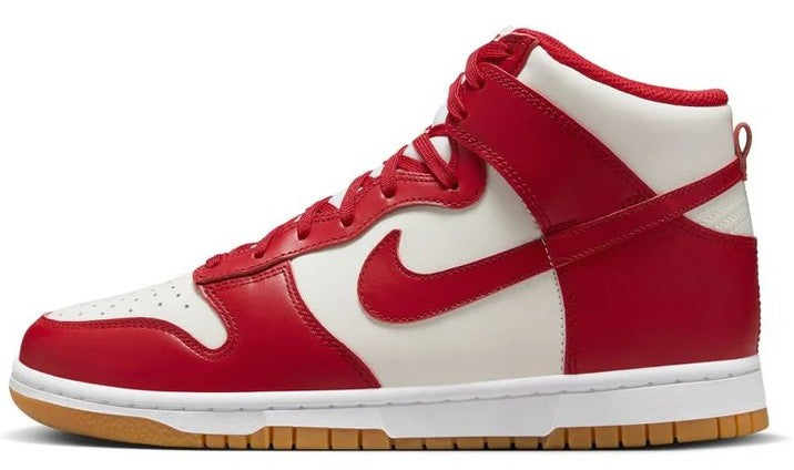 Women's high-top Nike Dunk sneakers, red leather with white overlays and red laces