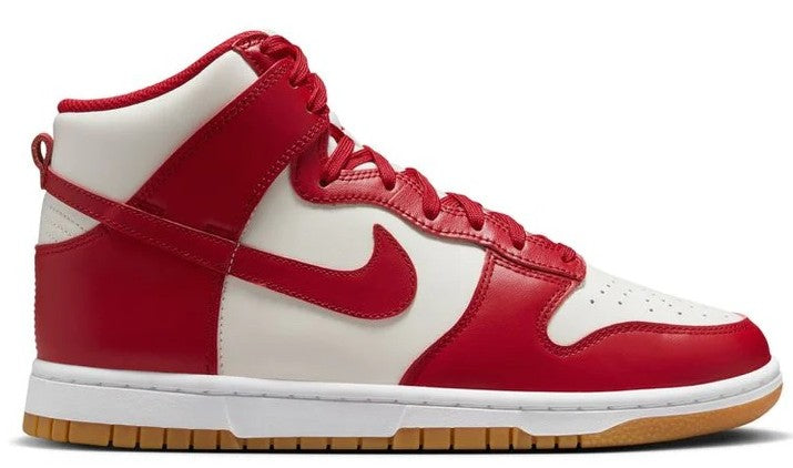 Women's high-top Nike Dunk sneakers in red and white with gum outsole