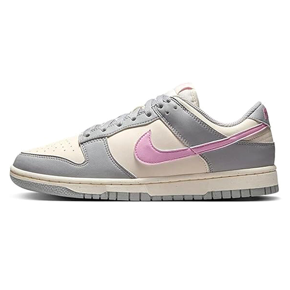 Low-top Nike Dunk sneakers in grey with pink swoosh and beige panels
