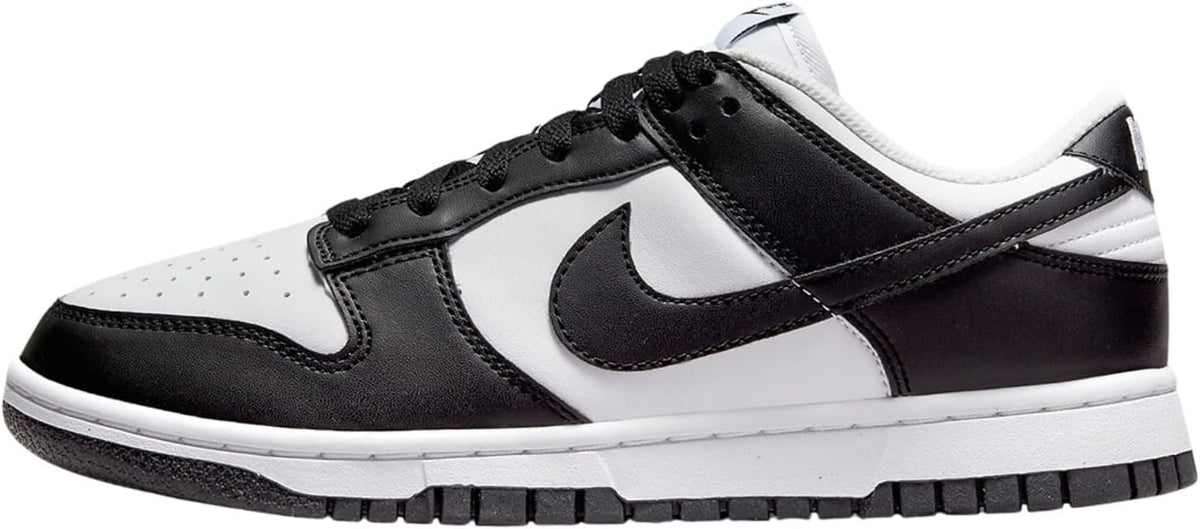 Women's low-top sneakers in white and black, with black Nike Swoosh and lace-up