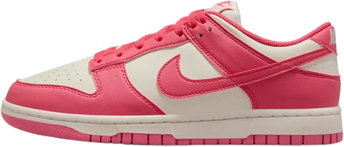 Pink and sail low-top Nike Dunk sneakers with white swoosh and laces.