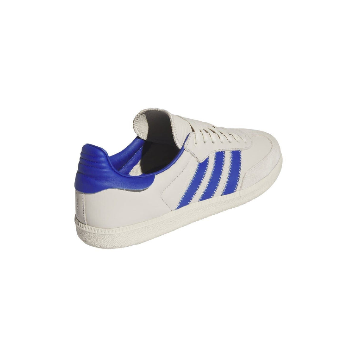 White and blue low-top trainers, heel and side view with three stripe accents