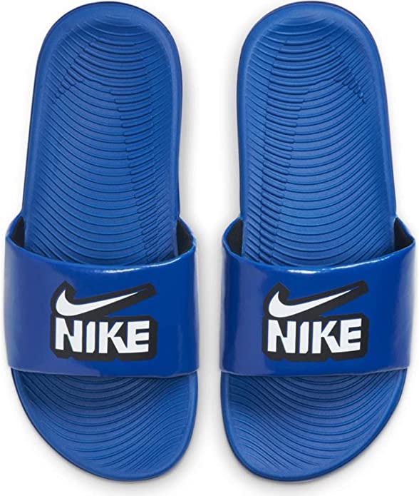 Royal blue kids' Nike slide sandals with Nike logo straps