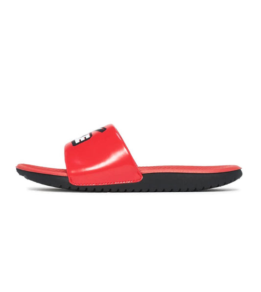 Kids Nike Kawa Slide sandals, red slide strap with black sole and white logo