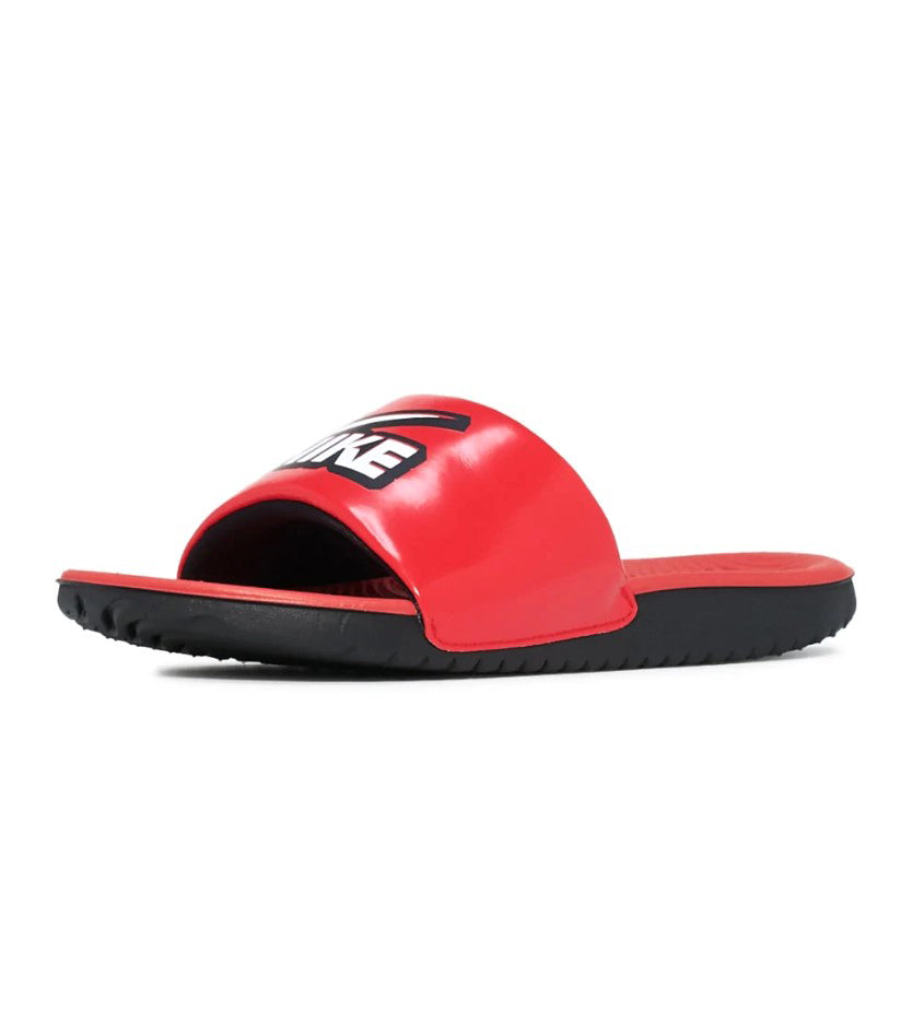 Kids Nike Kawa Slide sandals, red upper with curved strap and white logo, black outsole