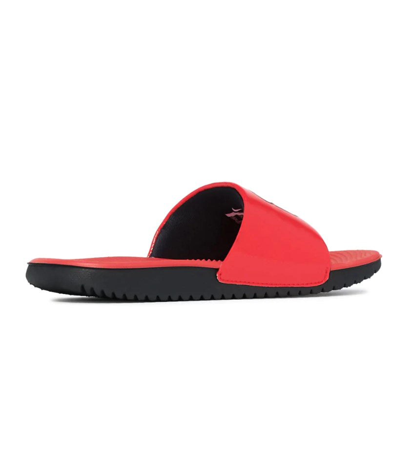 Kids Nike Kawa Slide sandals, red slide with black interior and textured black sole