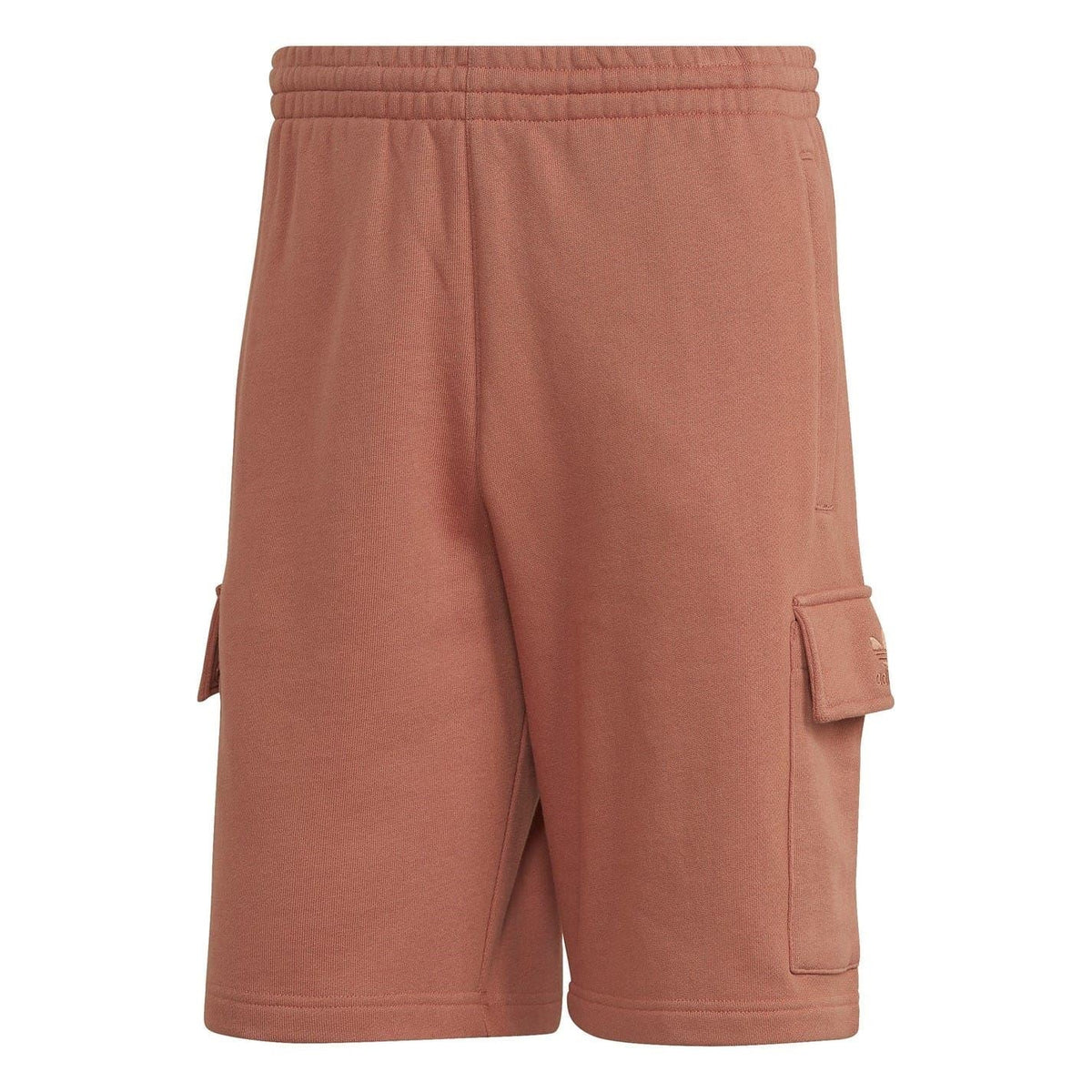 Brown cargo shorts with elastic waistband and side pockets