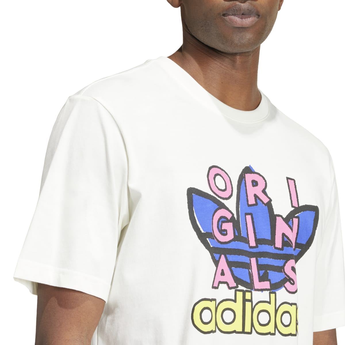 Off-white short-sleeve T-shirt with large multicolor 'ORIGINALS' adidas logo graphic