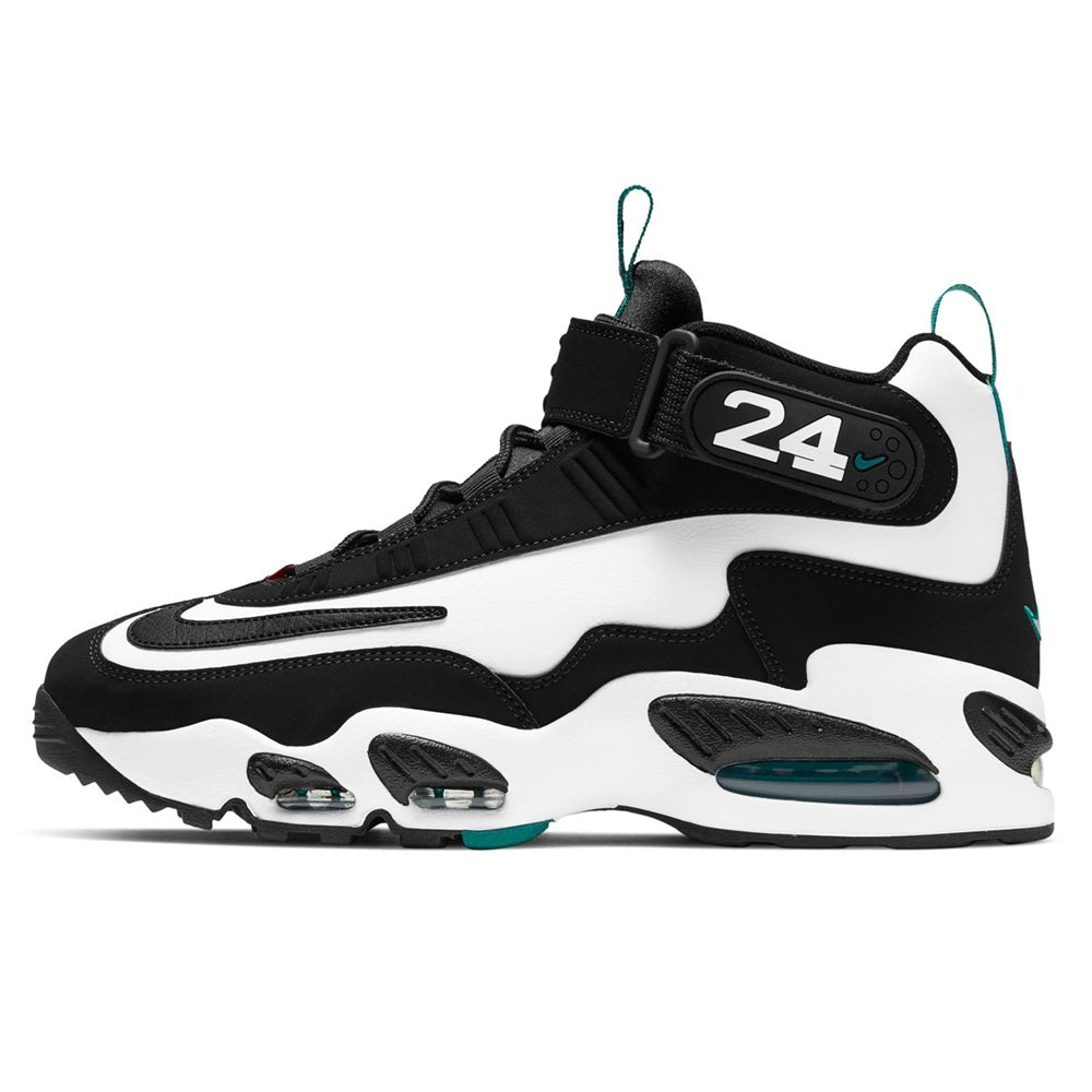 Men's Nike high-top sneakers with '24' heel tag, black/white upper and teal accents