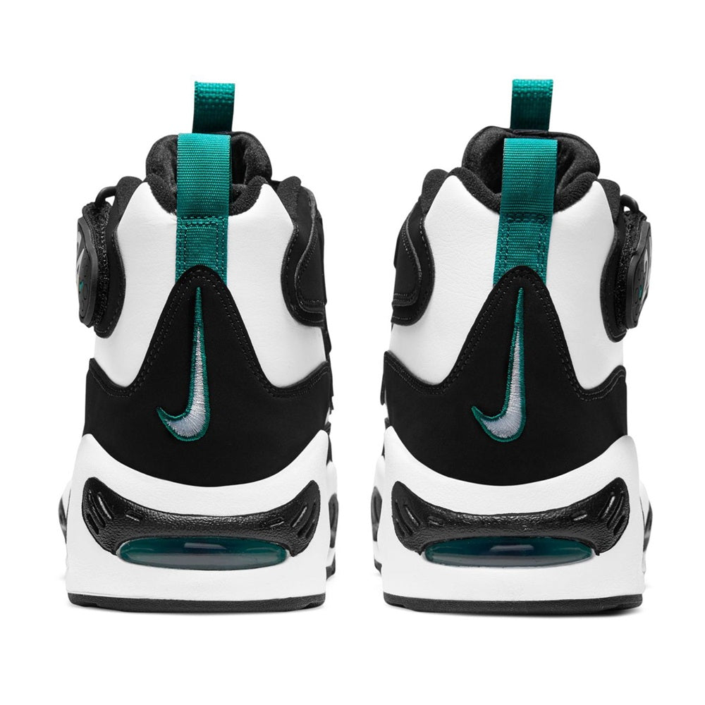 Men's Nike sneakers heel view with teal heel straps and black-and-white upper