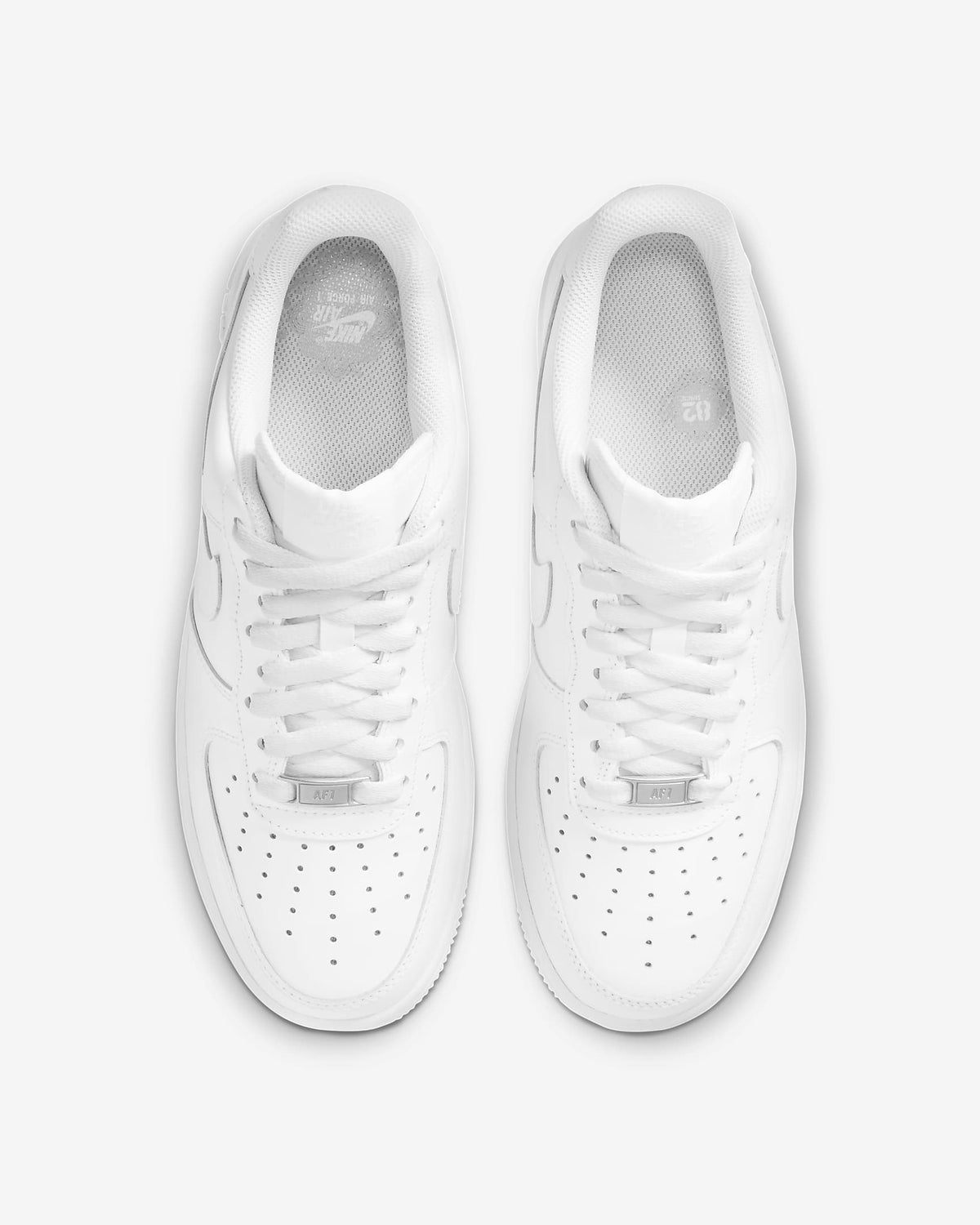 Women’s Nike Air Force 1 ’07 sneakers, white uppers shown from top view