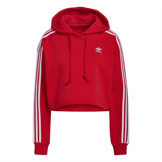 Red cropped hooded sweatshirt with drawstring, Adidas trefoil logo, white side stripes