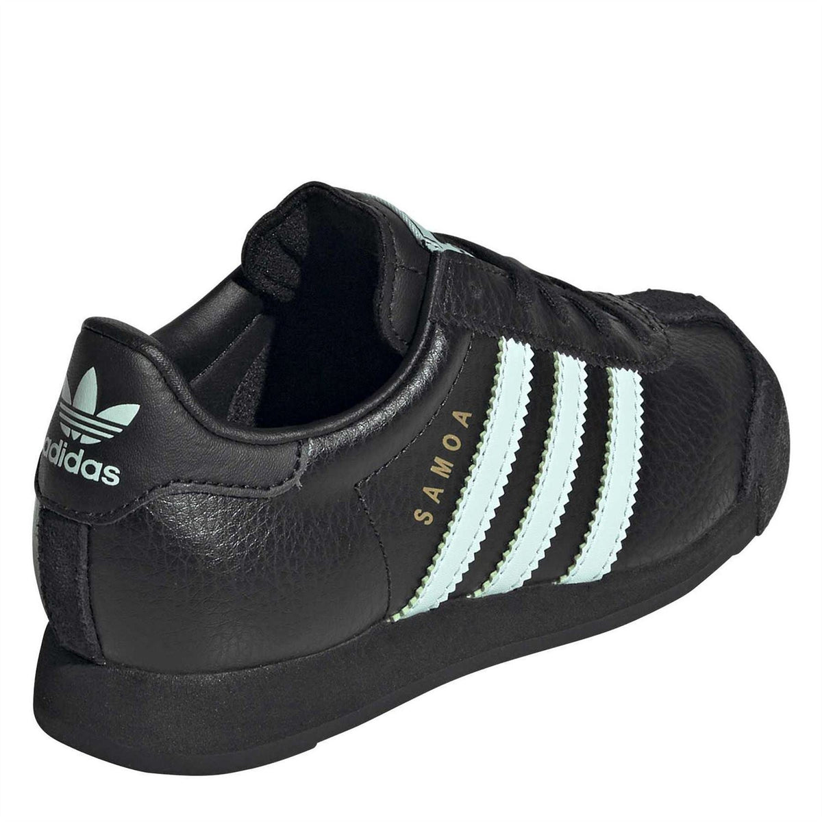 Black low-top sneakers with mint stripes, padded collar, and lace-up front